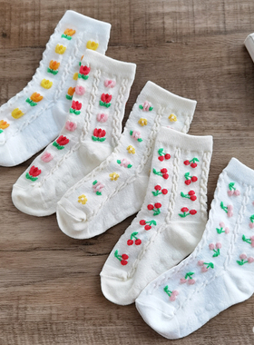 韩国KidsFUTURE儿童复古花朵袜子薄款洋气棉袜女童宝宝中筒白色