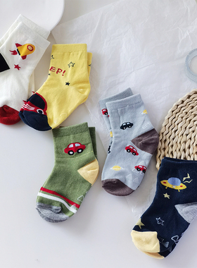 caras韩国进口男童袜子卡通汽车棉袜春秋款宝宝中筒袜防滑透气