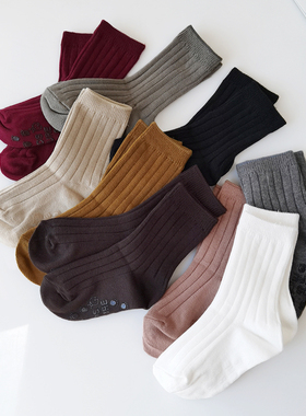 韩国KidsFUTURE儿童袜子春秋螺纹棉袜中长款高帮宝宝纯色中筒袜子