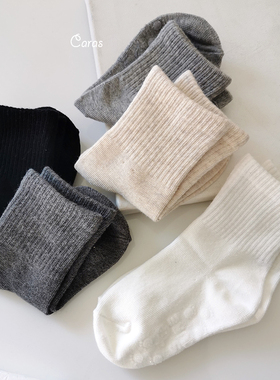 韩国KidsFUTURE春季儿童棉袜白色宝宝春秋螺纹百搭纯色中筒袜