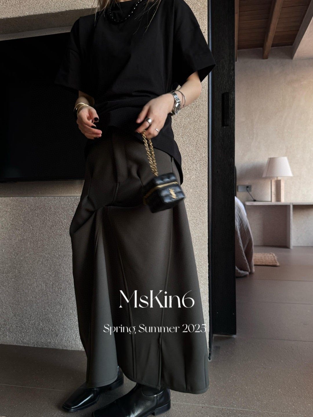 Mskin6不规则设计感半身裙褶皱高腰A字搭配褶皱收腰短袖T恤暗黑风