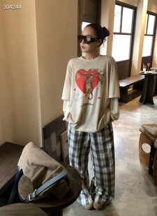 2026新款MSkin6爱心印花长袖T恤女宽松圆领套头打底衫上衣纯棉