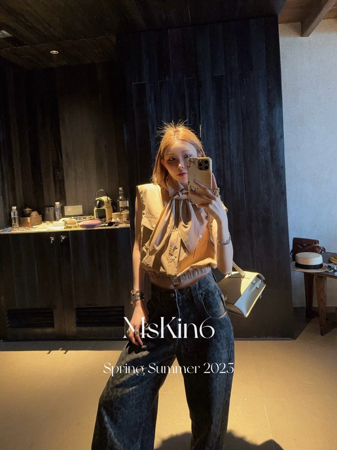 Mskin6 25春夏新款女复古设计感围巾领系带无袖衬衫松紧收腰短款