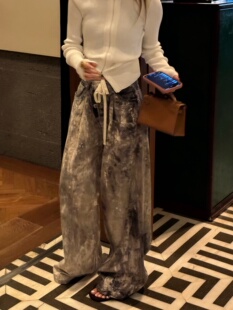 MSKIN6小众设计女25早秋新款复古涂鸦印花阔腿牛仔裤系带直筒裤潮