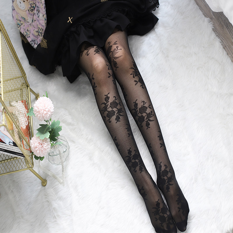 日系lolita蔷薇玫瑰花朵刺绣黑丝袜超薄蕾丝个性感字母白丝袜jk透