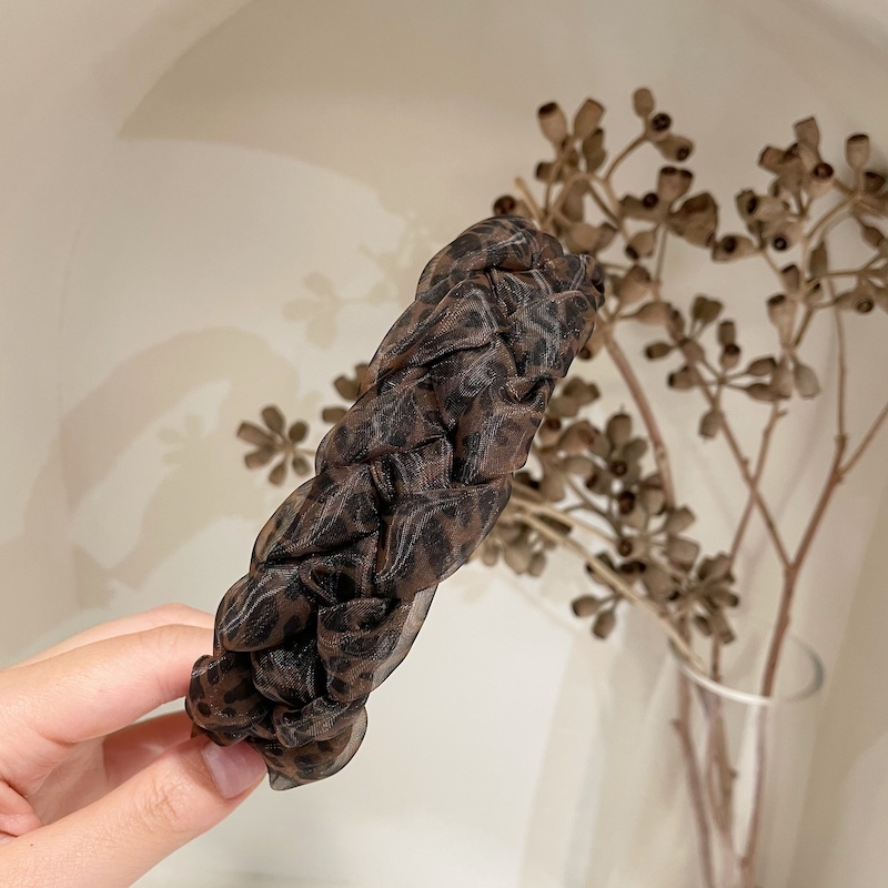 韩国东大门进口设计师款发箍豹纹欧根纱麻花头箍复古时尚宽边发卡