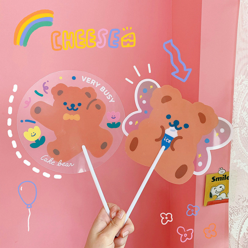 可爱小熊扇子女夏季中长柄塑料扇子便携手持扇圆形卡通扇小圆扇