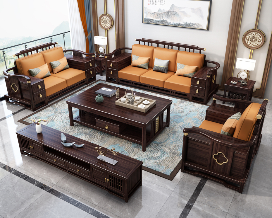 新中式沙发组合1+2+3（坐垫橙色）+茶几+1方几+电视柜  6件套