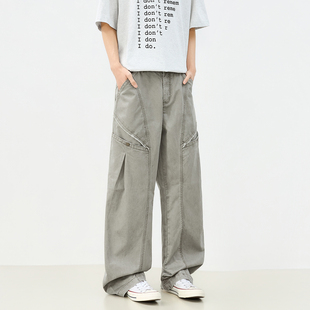 2026年松紧腰美式工装风灰色阔腿牛仔裤男宽松垂感多口袋弯刀裤
