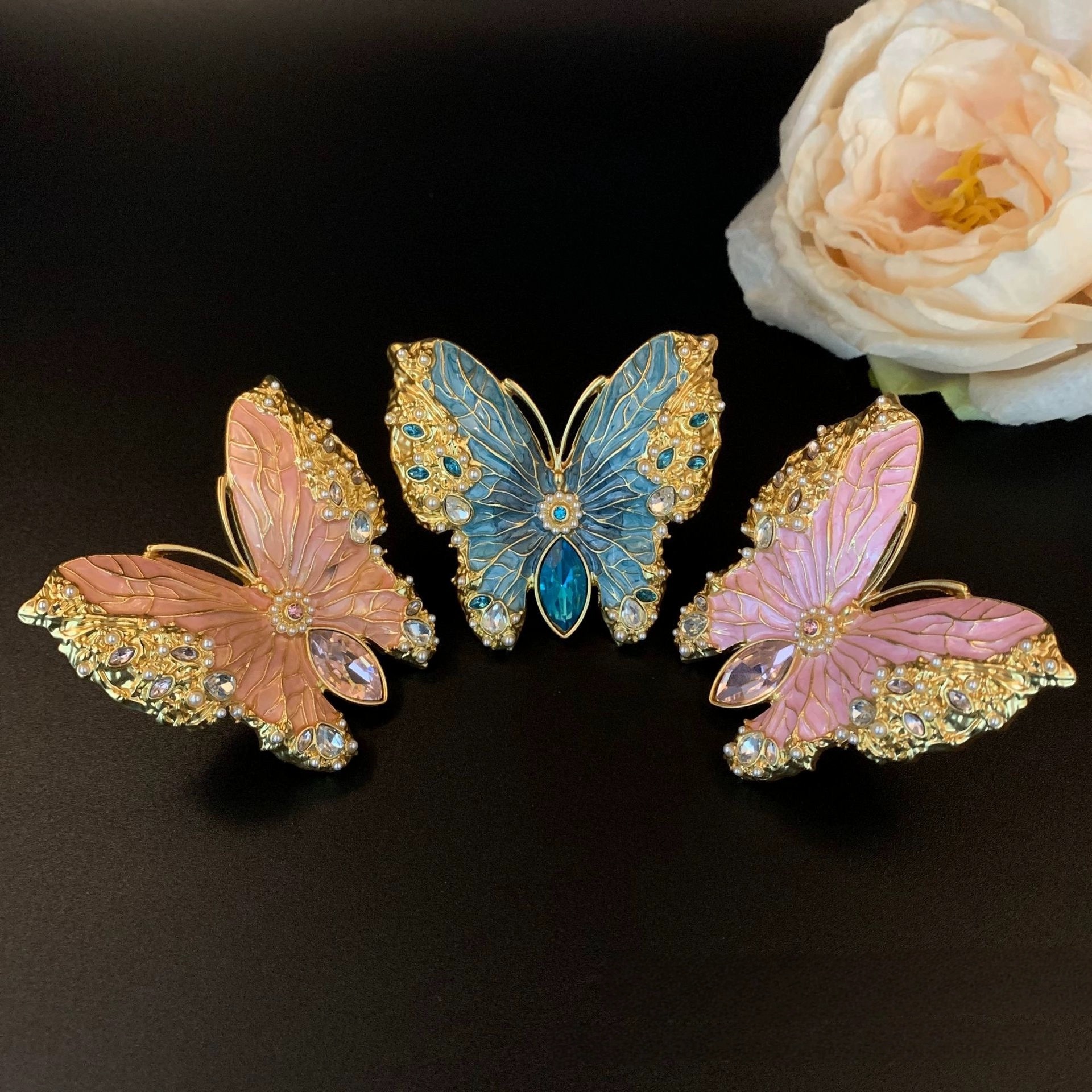 蝴蝶戒指中古珠宝vintage镀真金珐琅滴油指大款夸张设感可调戒指