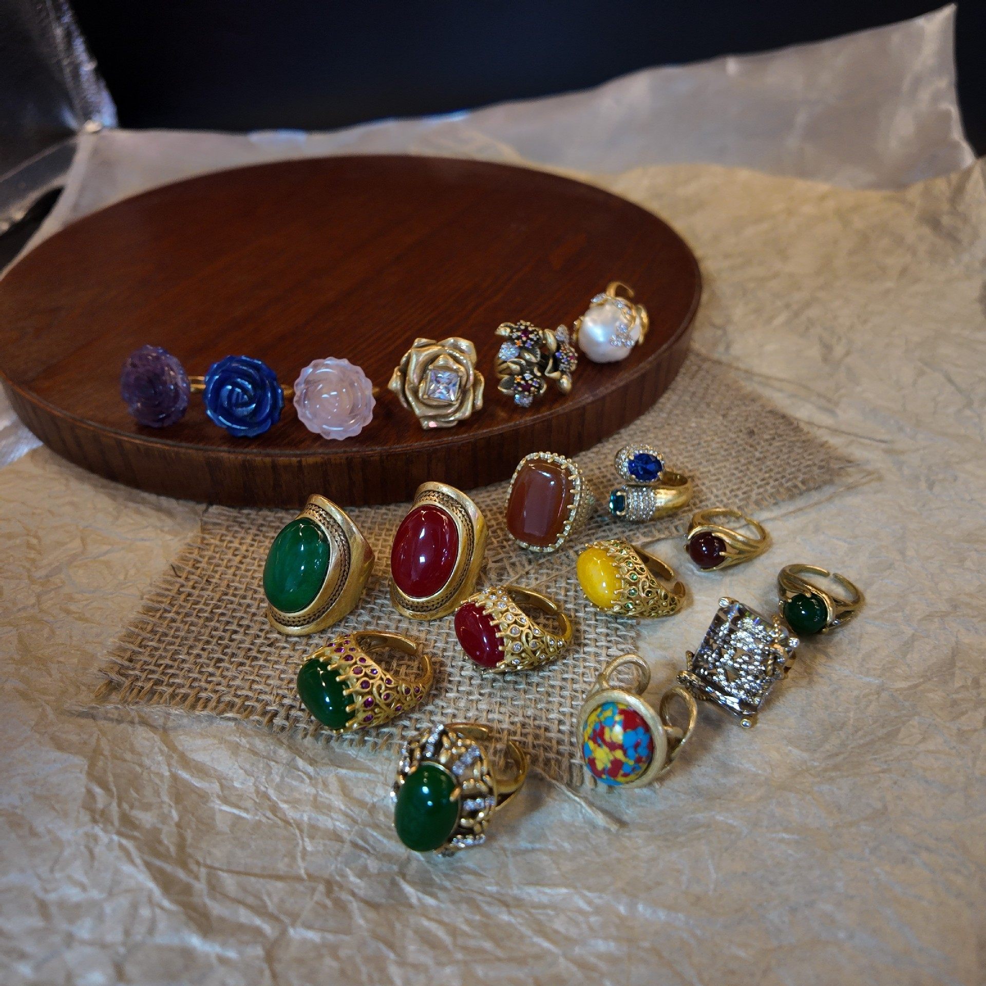 中古复古黄铜镶嵌高级感巴洛克珍珠花苞耳钉戒指套装2025高级