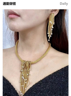 欧美夸张个性朋克中古项链耳夹复古高级气质烟花流苏素金镶钻套装