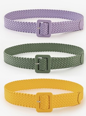 绿色宽皮带方扣韩版时尚编织百搭配连衣裙子牛仔裤腰带女天蓝紫色