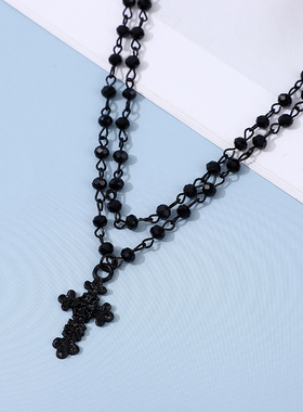 小众暗黑复古黑色玫瑰十字架双层项链项圈锁骨链choker甜酷情侣女