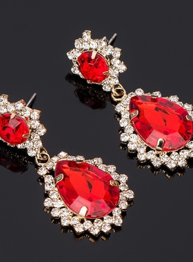 法式复古巴洛克耳环宫廷港风红色宝石水钻耳钉晚宴轻奢年会耳饰女