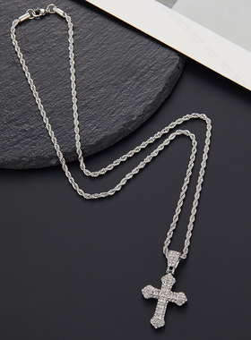 博主推荐水钻十字架镶满人造锆石合金吊坠百搭嘻哈潮流情侣项链潮