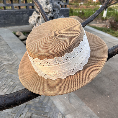 海边度假赫本风法式甜美蕾丝平顶草帽子夏季出游防晒遮阳太阳帽女