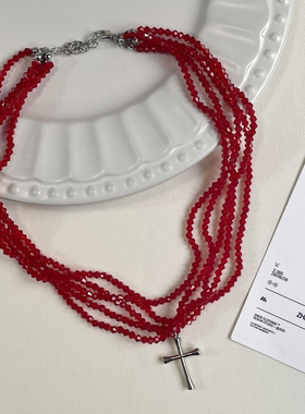 partyme手工暗黑串珠十字架甜酷项链复古锁骨多层一体式朋克项链