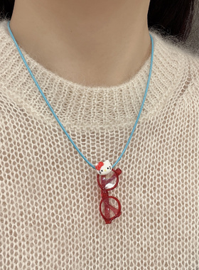 partyme手工猫咪眼镜吊坠项链女款春夏新款挂脖配饰卫衣链颈链