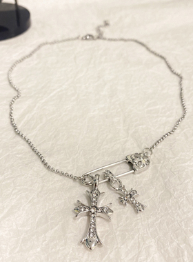 手工韩国网红冷淡双十字架回形针甜酷风项链项饰女锁骨链