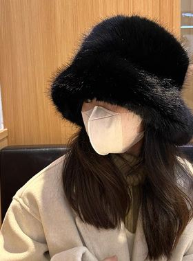 手工仿水貂毛帽子女冬季毛绒渔夫帽白色盆帽保暖加厚户外