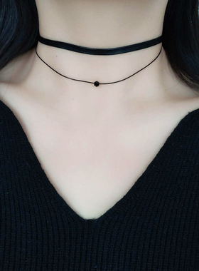partyme手工简约百搭甜酷黑色双层叠戴短款锁骨链配饰项链女网红