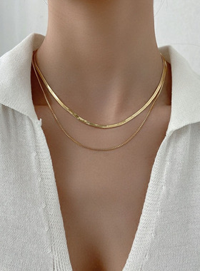 优选网红双层钛钢蛇骨链小众不易掉色金色多层项链欧美锁骨链