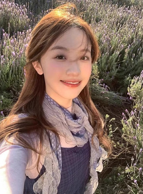 藤井树同款古着灰蓝波点蕾丝花边围巾女夏季外搭荷叶边时髦丝巾潮