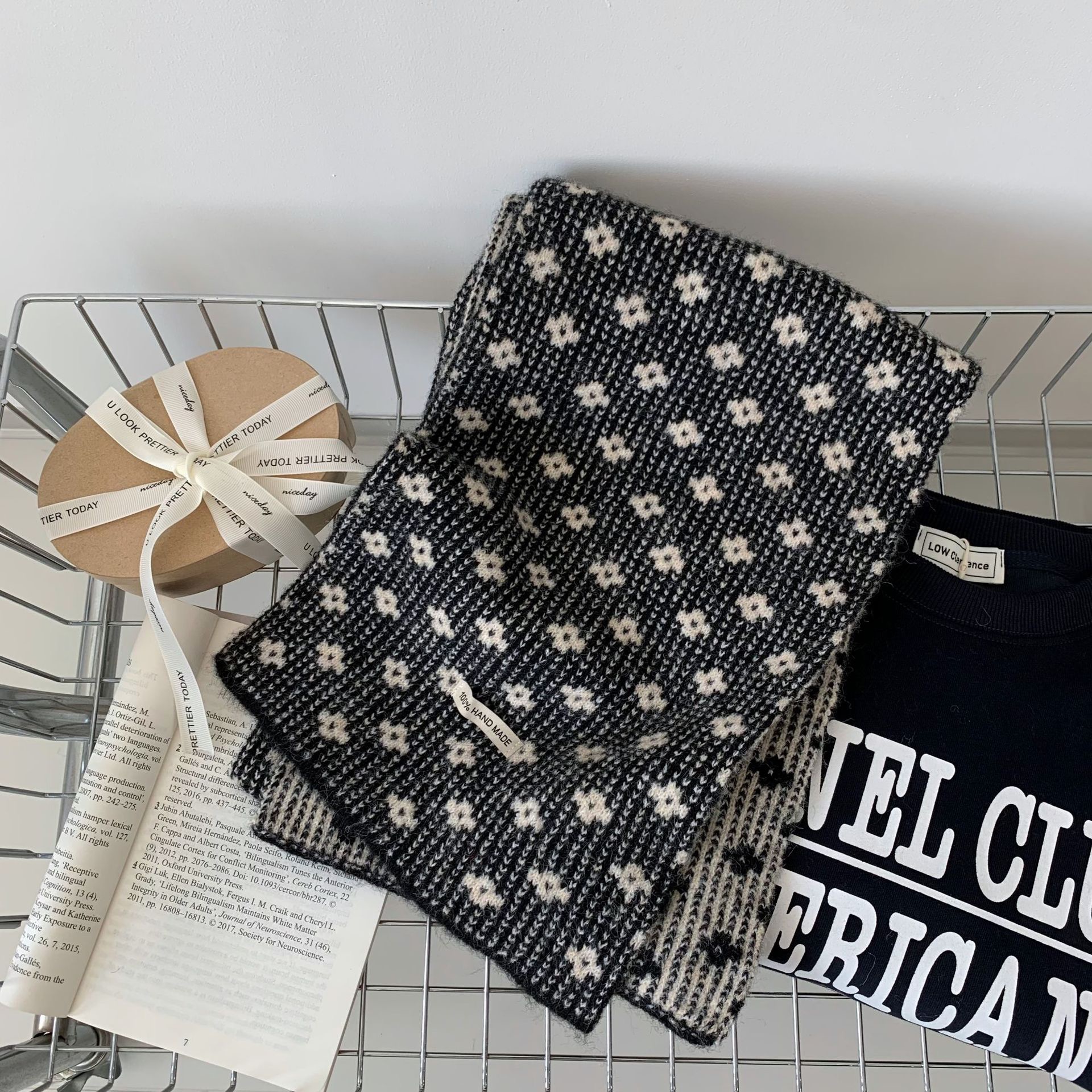 双面可用柔软韩系氛围感针织小花朵围巾女秋冬季加厚保暖护颈围脖