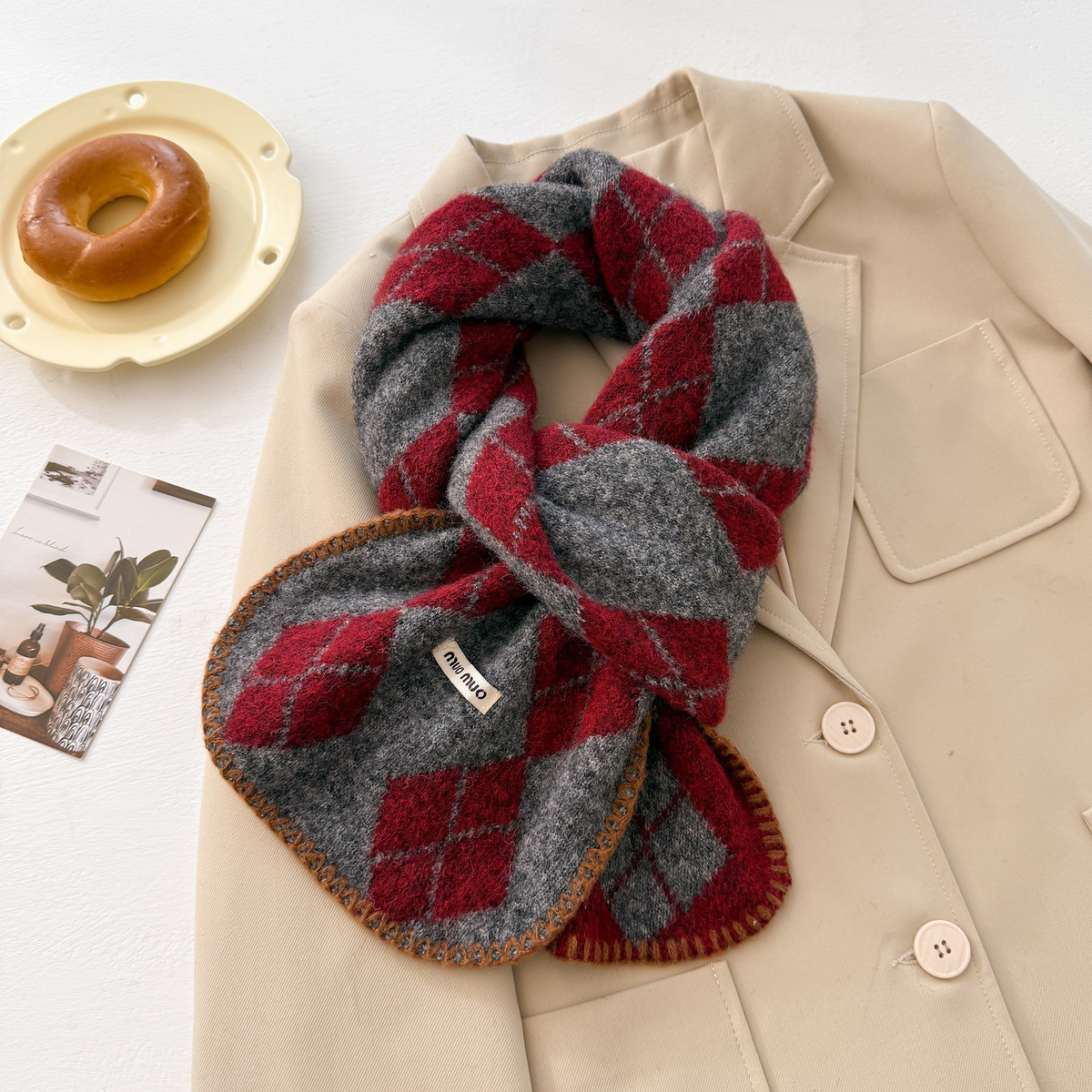 partyme手工菱形格子围巾复古格子针织围巾女冬季保暖软糯围脖