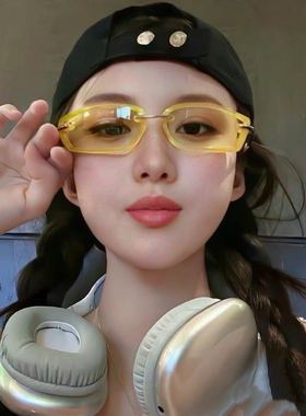 partyme眼镜方形黄色细框Y2K未来风墨镜女半金属多巴胺穿搭太阳镜