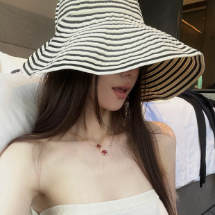 海边渔夫帽夏季超大防晒可折叠盆帽太阳帽大帽檐条纹帽子气质百搭