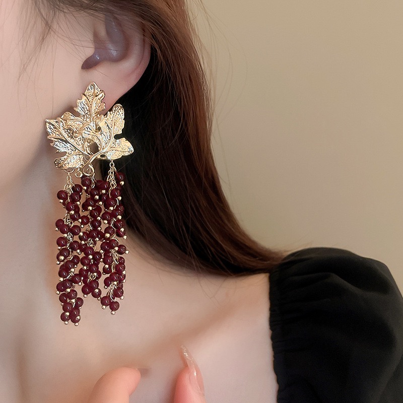 partyme手工中古耳饰葡萄树叶长款流苏银针耳环轻奢高级感国风女