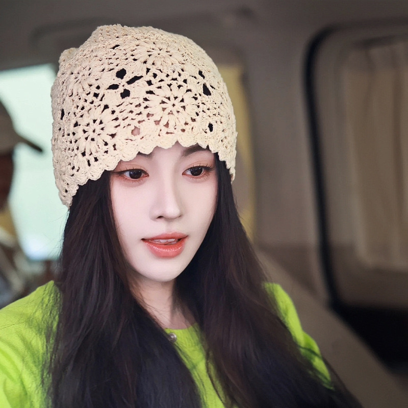 鞠婧祎同款春夏季薄款镂空手工钩花针织帽子薄款包头帽出游蕾丝女