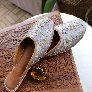 瘦版 雾霾灰仙女风素雅气质印度手工钉珠圆头拖新中式 半见拖鞋