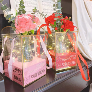 38女神节快乐花盒透明pvc防水方形插花花艺鲜花手提袋包装礼品盒