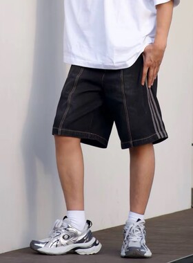 阿迪达斯三叶草牛仔短裤男夏季休闲裤透气纯棉运动裤五分裤JX5468