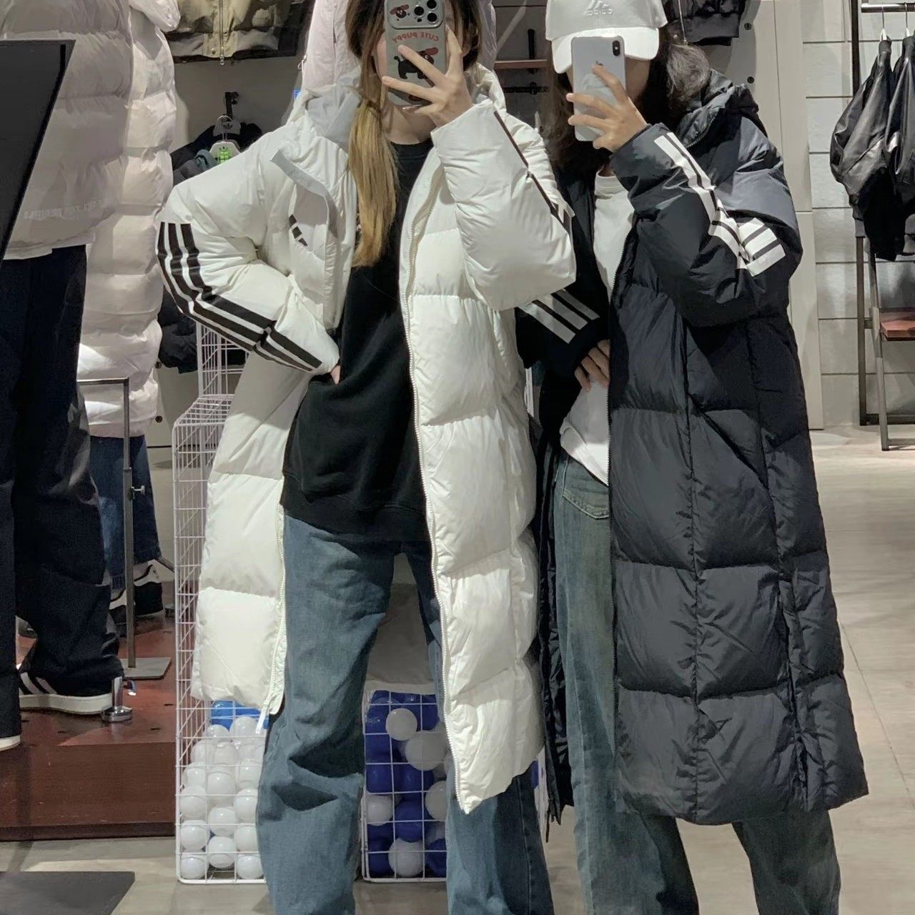 adidas阿迪达斯长款羽绒服男白色棉服情侣过膝连帽外套女JG3839