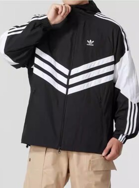Adidas阿迪达斯三叶草风衣外套2026春季男三条纹连帽防风服JM7260