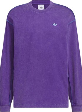 阿迪达斯三叶草男子水洗做旧宽松圆领套头衫紫色长袖T恤 KC1432