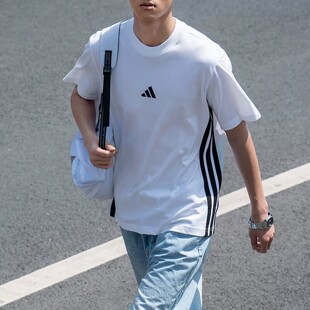阿迪达斯男子运动短袖三条纹白色纯棉休闲半袖透气T恤JY8563