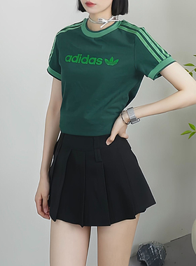 阿迪达斯正品三叶草女子短袖运动2026新款绿色吸湿排汗T恤 JJ1504