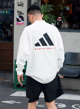 阿迪达斯男女同款长袖T恤2025款半高领印花休闲篮球套头衫JE3766