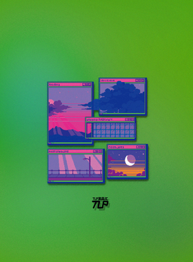 TLP反光贴 像素版 蒸汽波 程序框 夕阳云彩月亮下雨 多用防水贴纸