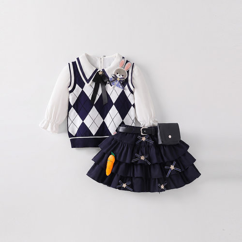 女童秋装新款三件套兔子警官儿童生日衣服毛衣套装jk学院风裙子