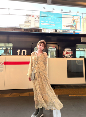 【现货】浪漫南法多层荷叶边碎花连衣裙子女夏季绝美长袖中长裙