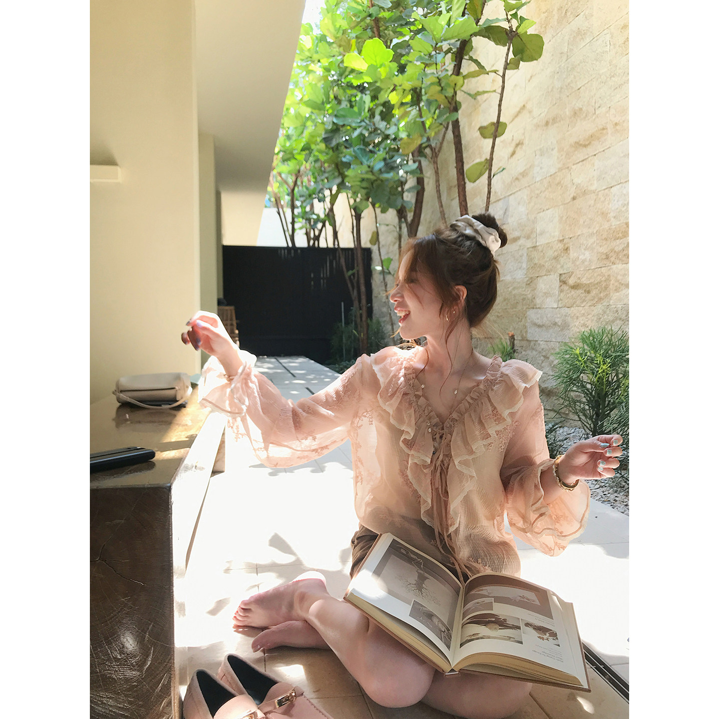 TMHSTUDIO【现货】法式重工刺绣暗纹衬衫套装女夏宽松长袖雪纺衣