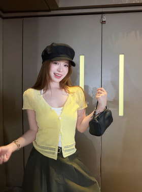 TMHSTUDIO满天星 莱赛尔亚麻镂空V领针织衫女修身短袖开衫T恤上衣