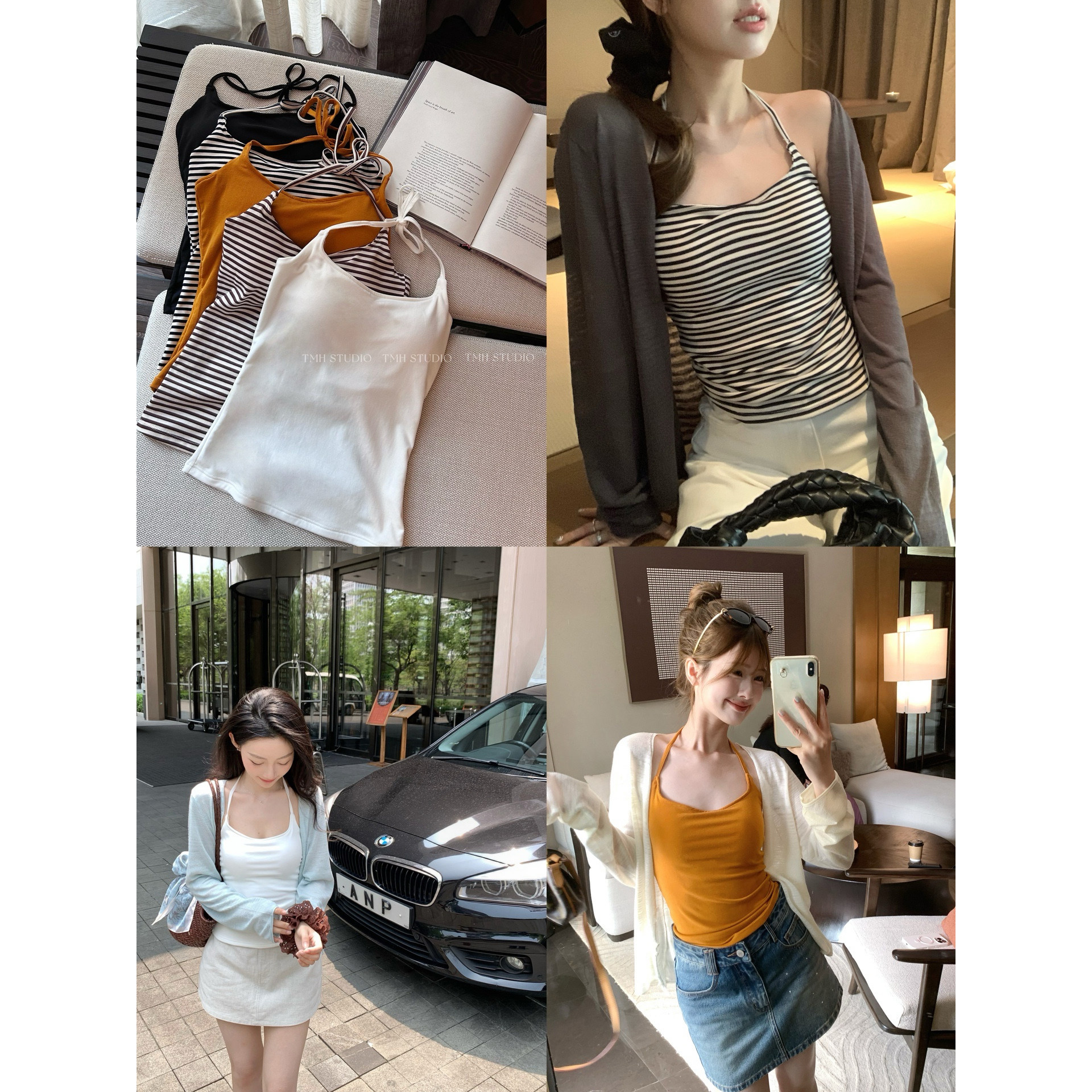 TMHSTUDIO【现货】7A抗菌莱赛尔一体胸垫遮副乳挂脖背心女条纹夏