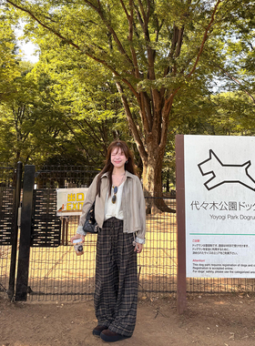 【现货】410g高克重磨毛格子休闲裤女松紧腰复古直筒阔腿长裤子